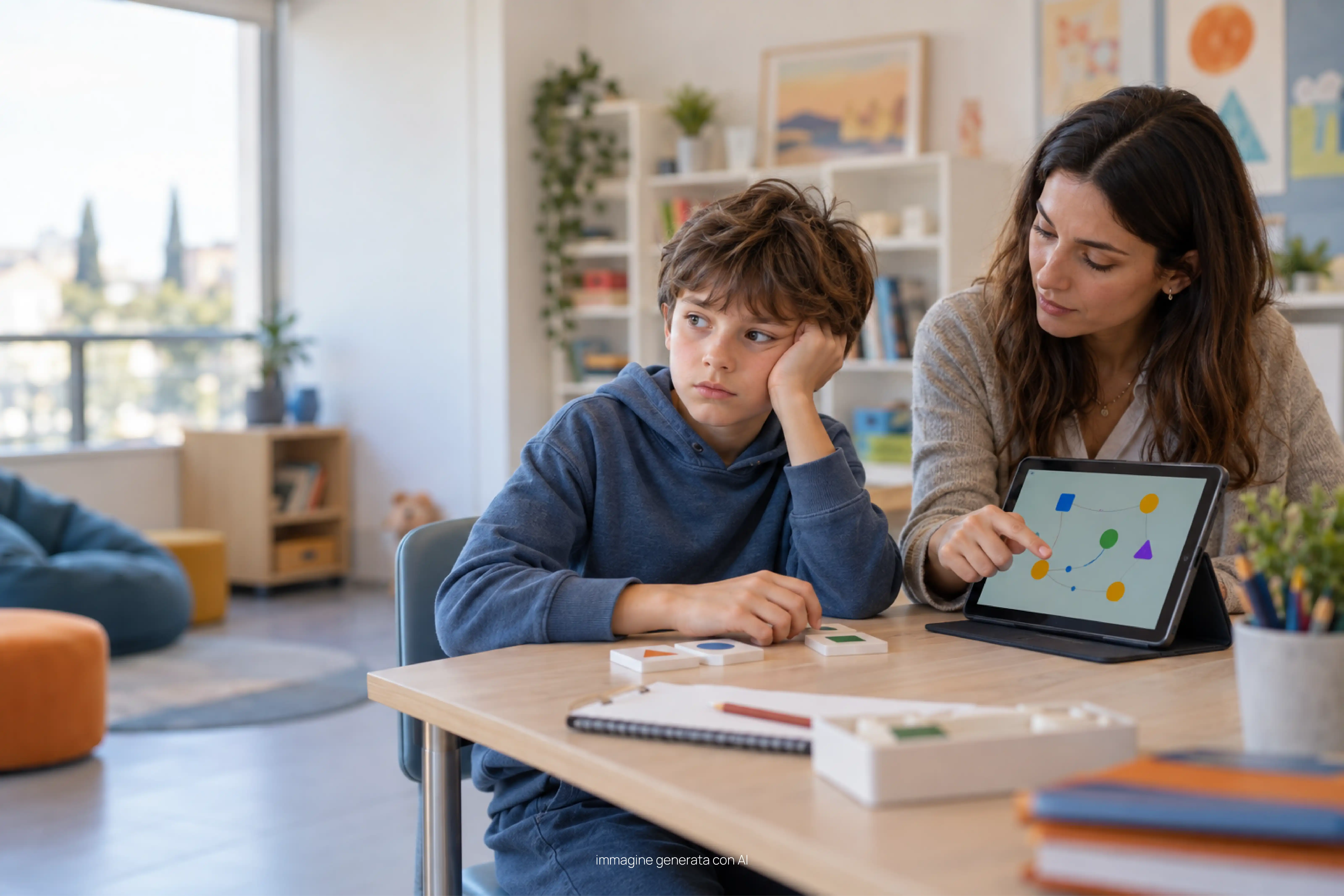 Bambino distratto durante un'attività cognitiva mentre una professionista gli mostra un esercizio ASTRAS su tablet